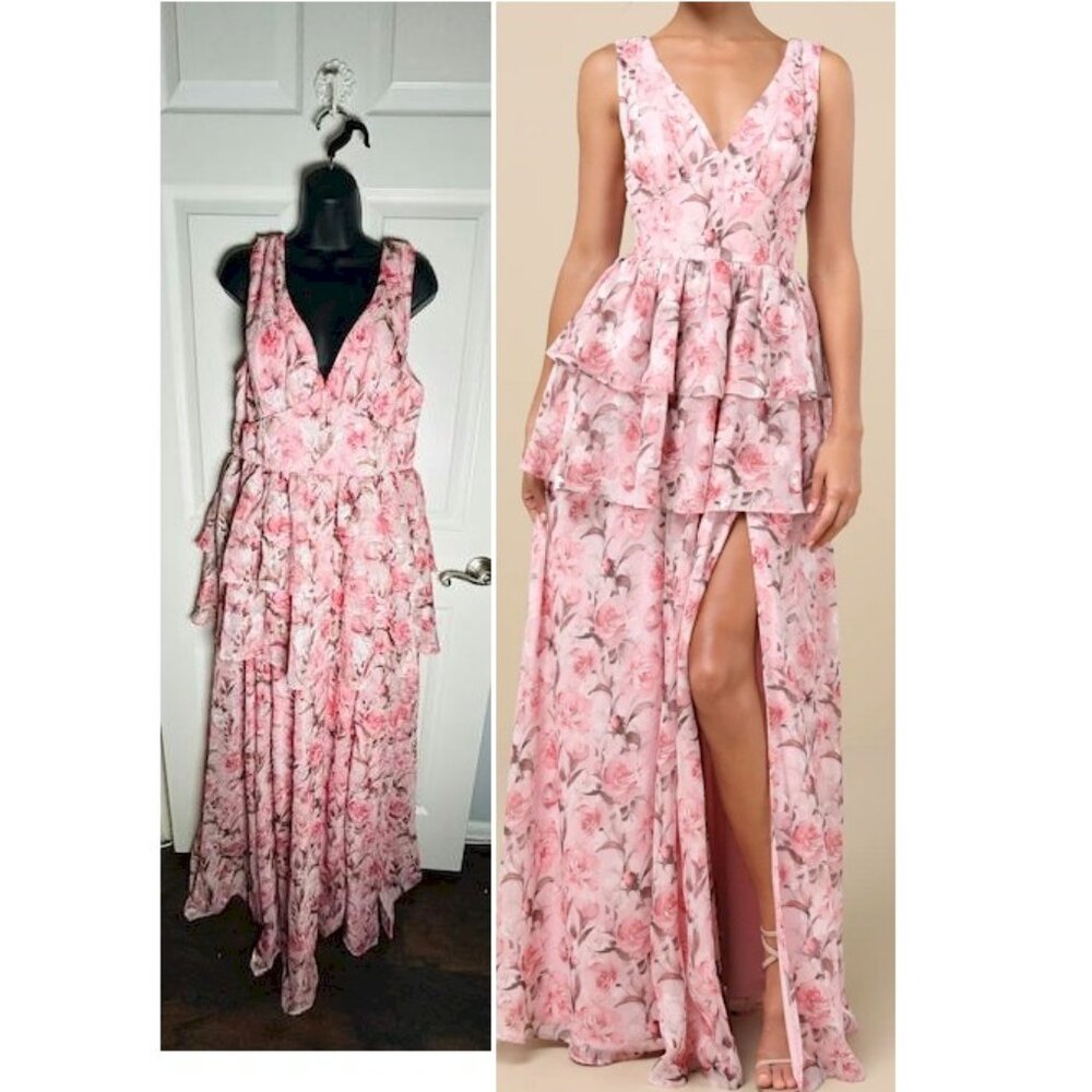 Lulus Graceful Approach Blush Pink Floral Jacquard Tiered Maxi Dress XL NWOT